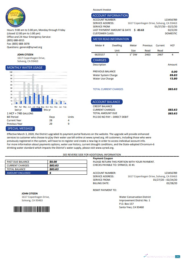 download USA California Santa Ynez water utility bill template in Word and PDF format PDF template